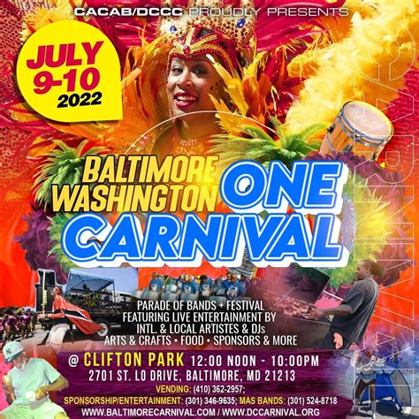 Baltimore carnival - Join us at the Baltimore Washington One Caribbean Carnival 2022. Come experience a rich display of Caribbean culture like non other. Amazing Parade of Bands, Masqueraders, Festivals, Concerts, Delicious Caribbean Food, Live Music , Artist performances and more. 2 days of family fun-filled celebration of our culture. Saturday, July 9 and Sunday, July 10, …